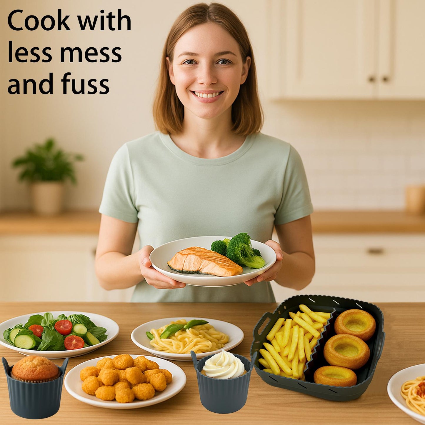 Magla Air Fryer Silicone Liner Set for Cosori 5.5L, 6.4L, Ninja Speedi 5.7L etc., including 4 Ramekins and 2 Mitts