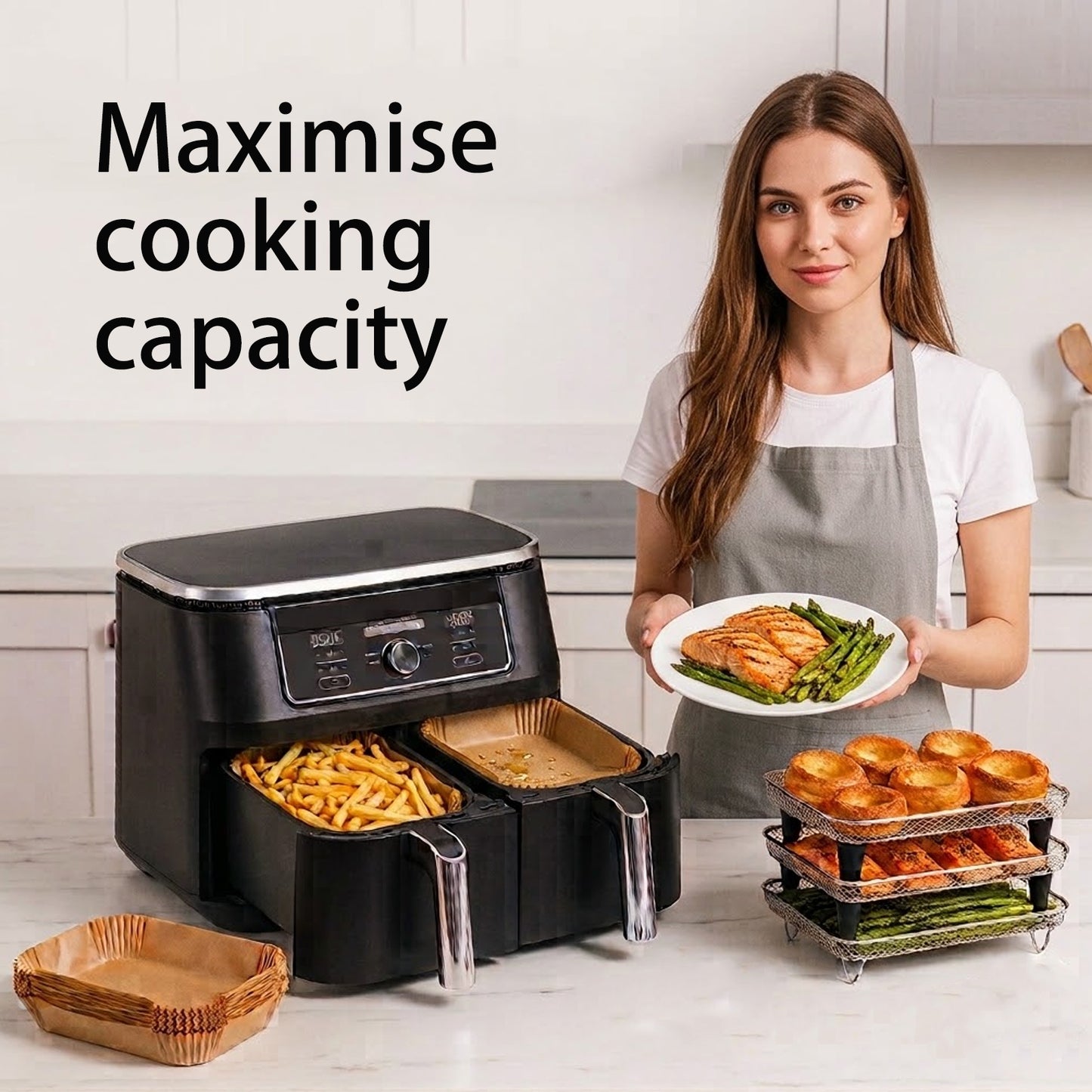 MAGLA Ultimate Ninja Air Fryer Accessories Bundle for Dual Drawer: 3-Tier Stackable Stainless Steel Rack & 120 PCS Rectangular Paper Liners, with Anti-Scalding Tong & Silicone Brush, Fits AF300UK etc.