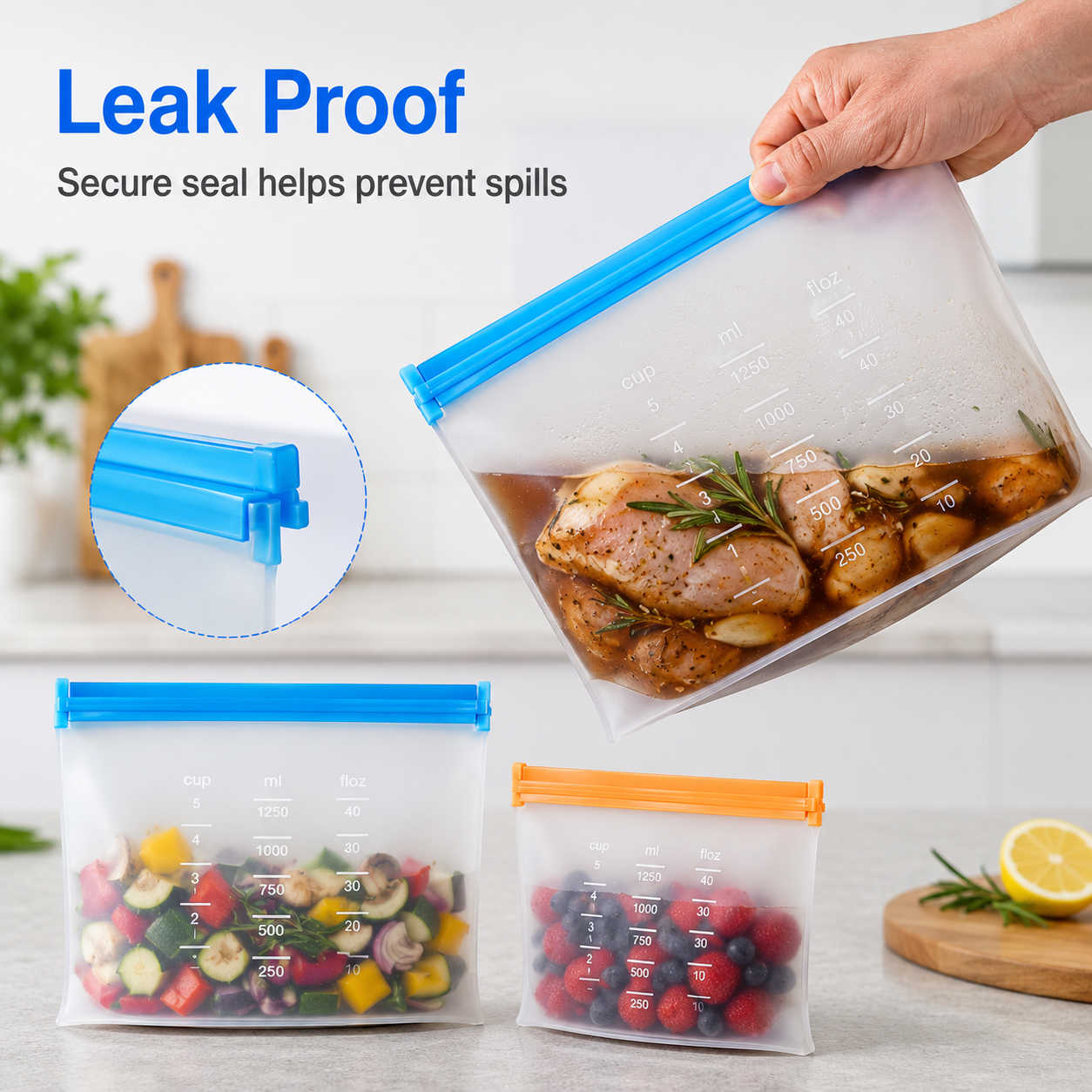 Magla Reusable Thick Silicone Food Storage bags Zip Lock Freezer bag Leak Proof