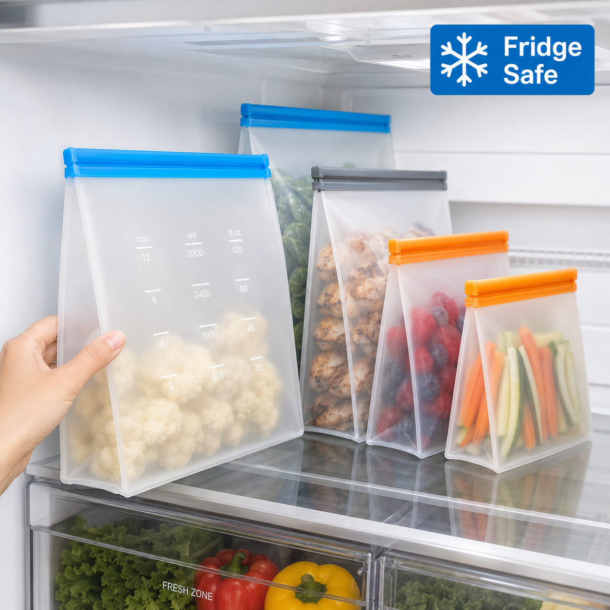 Magla Reusable Thick Silicone Food Storage bags Zip Lock Freezer bag Leak Proof