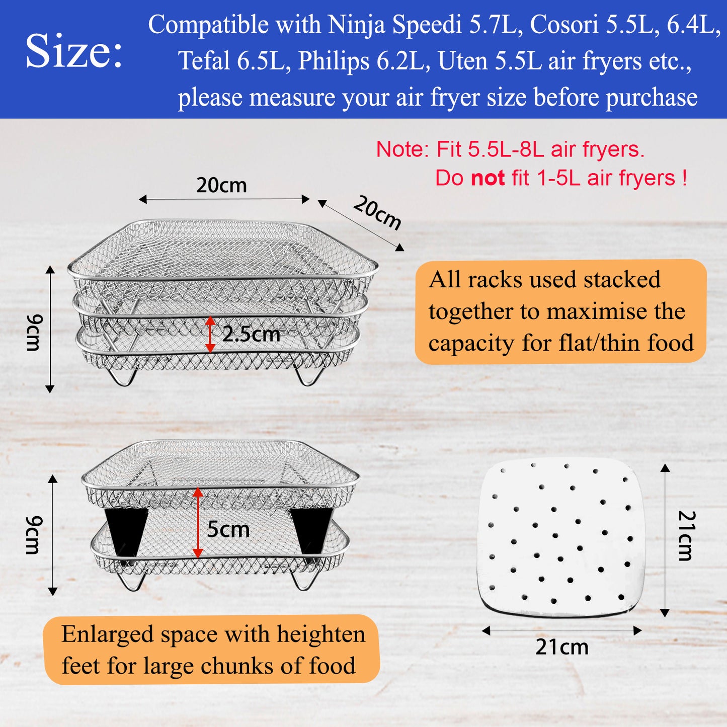 Magla Square Air Fryer Rack Set. Compatible with Ninja Air Fryer Speedi 5.7L, Max Pro 6.2L, Cosori 5.5L, 6.4L and Tefal 6.5L etc. Air Fryer Accessories