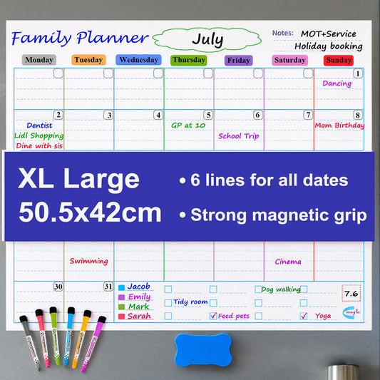 Magnetic Fridge Calendar: XL Large Monthly Whiteboard Set (50.5x42cm)