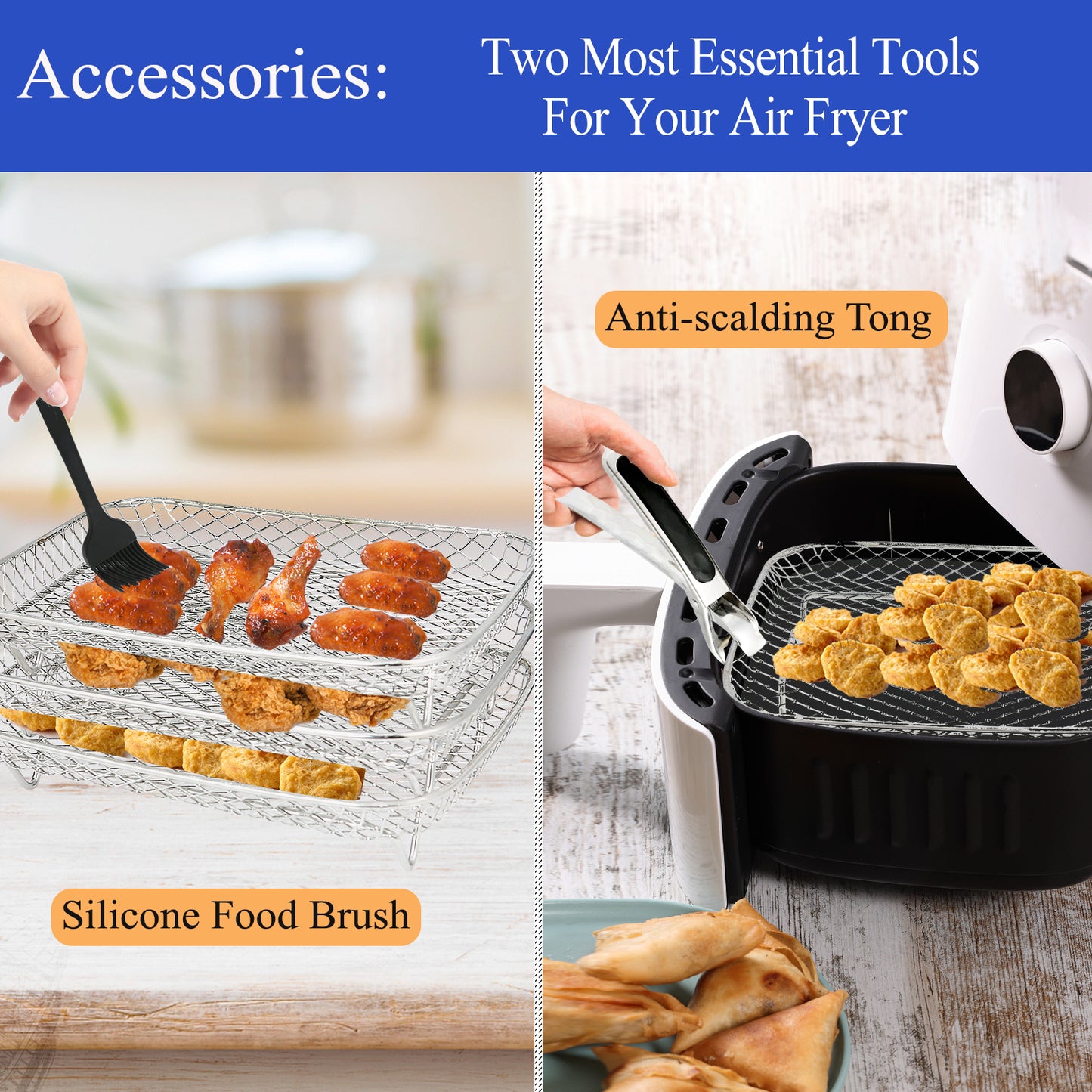 MAGLA Ultimate Ninja Air Fryer Accessories Bundle for Dual Drawer: 3-Tier Stackable Stainless Steel Rack & 120 PCS Rectangular Paper Liners, with Anti-Scalding Tong & Silicone Brush, Fits AF300UK etc.