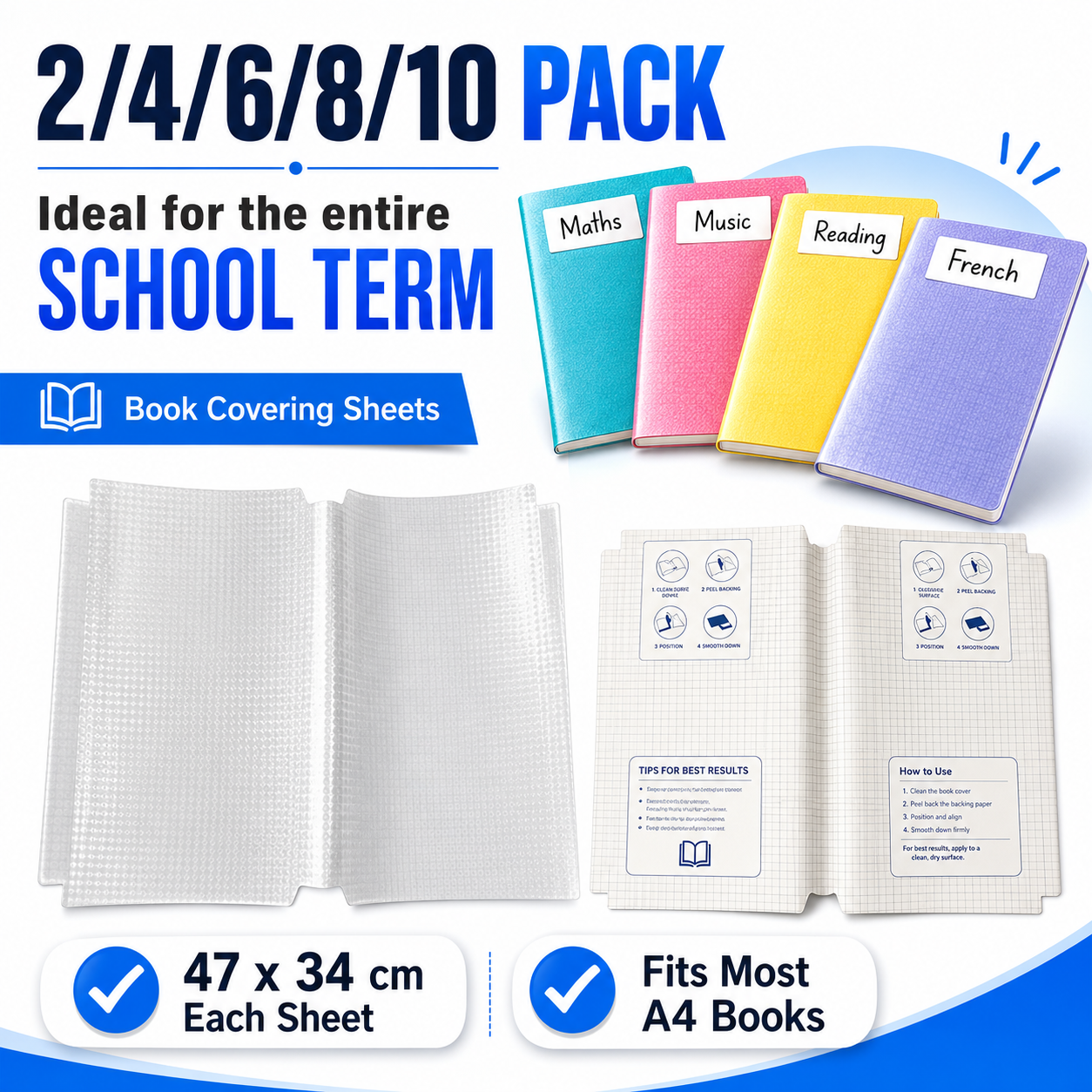 A4 Self-Adhesive Book Cover Protective Sheets – 47×34cm. No Cutting Required