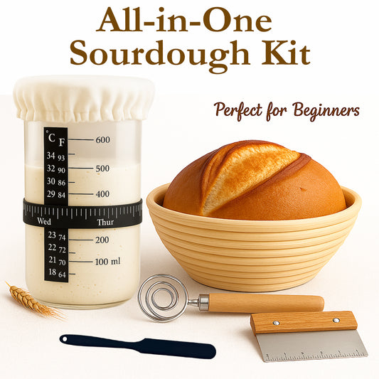 Sourdough Starter Kit All-in-one for Beginners - Jar with Temp Band, 9" Banneton Proofing Basket, Danish Whisk & Scraper