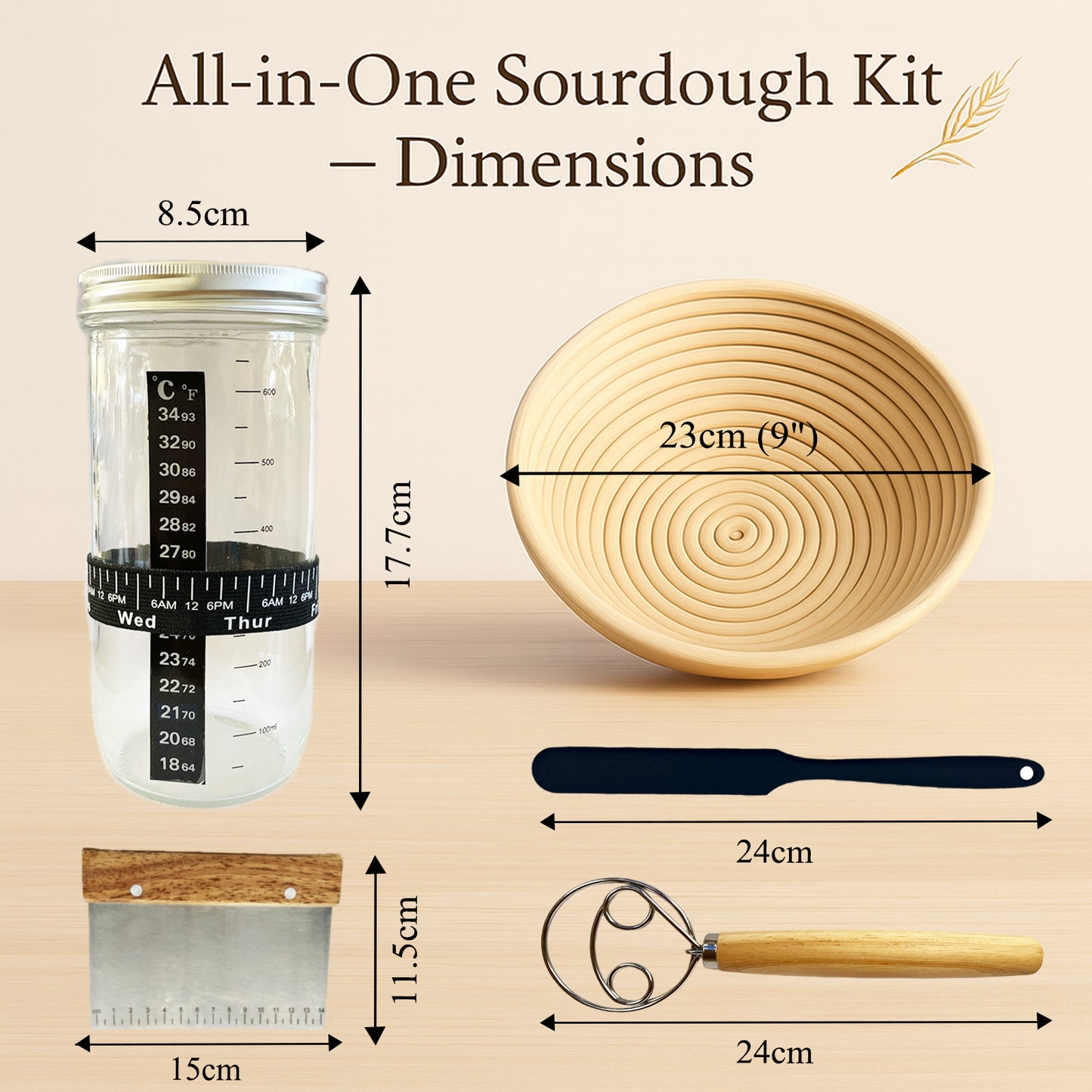 Sourdough Starter Kit All-in-one for Beginners - Jar with Temp Band, 9" Banneton Proofing Basket, Danish Whisk & Scraper