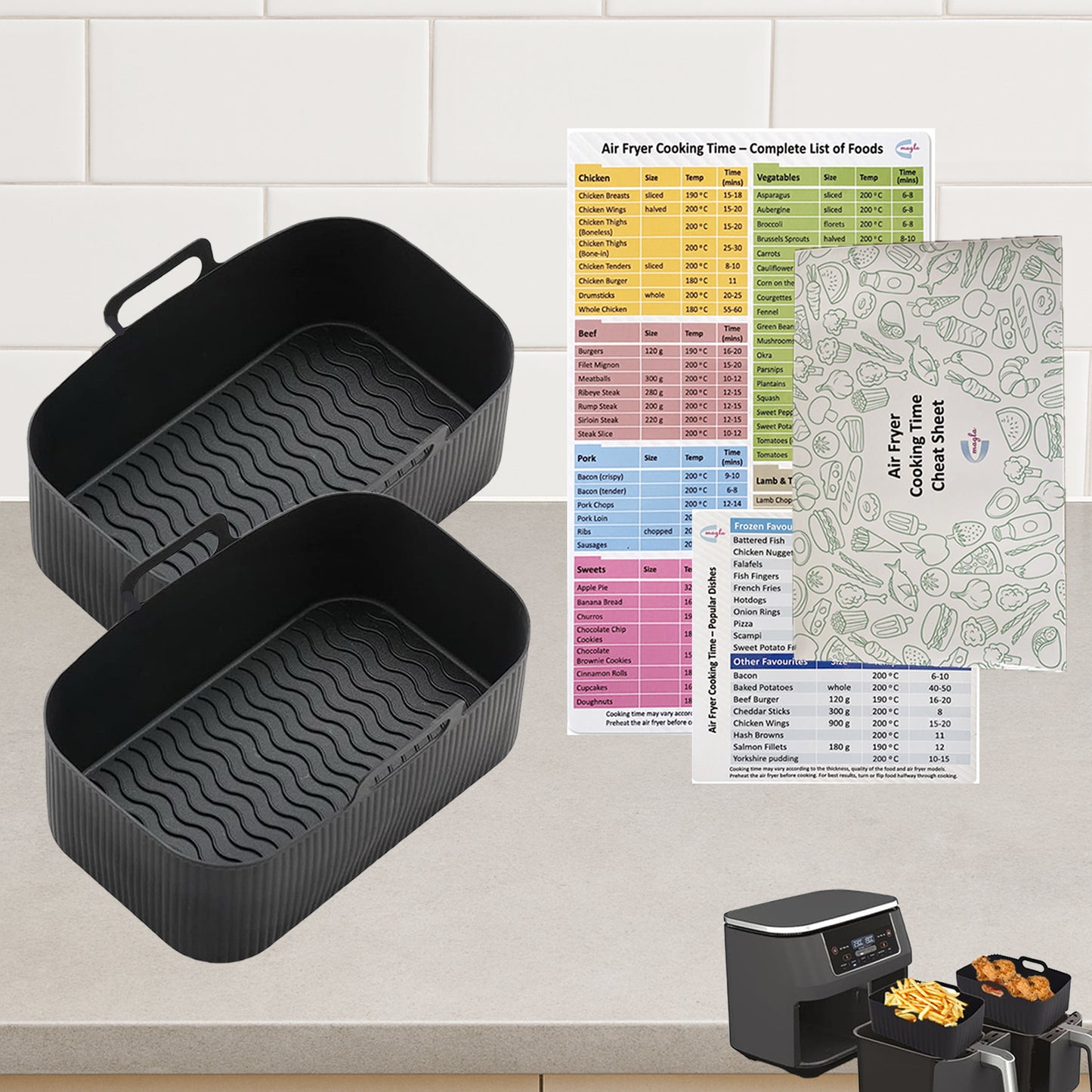 Silicone air fryer liners UK: 2Pcs Set & Magnetic Cooking Guide