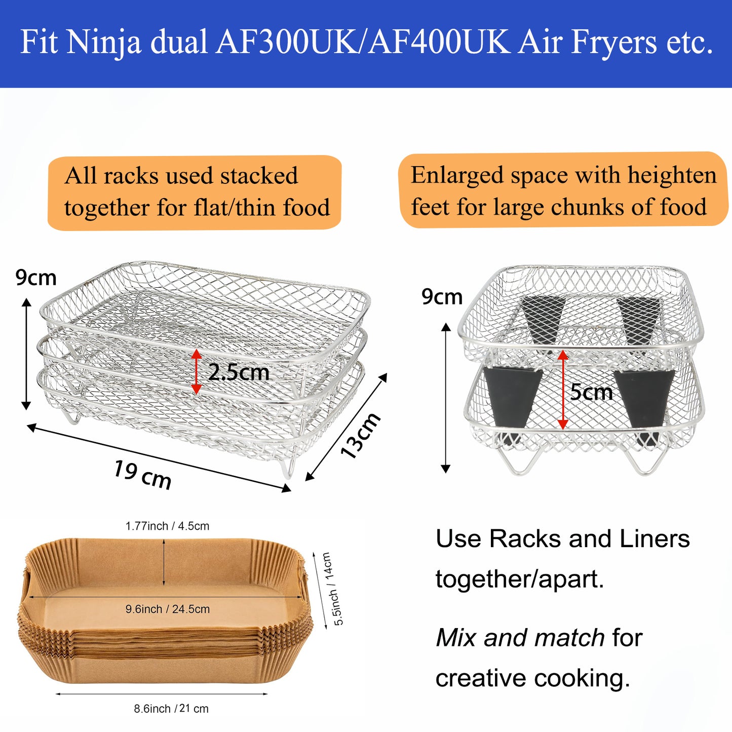 MAGLA Ultimate Ninja Air Fryer Accessories Bundle for Dual Drawer: 3-Tier Stackable Stainless Steel Rack & 120 PCS Rectangular Paper Liners, with Anti-Scalding Tong & Silicone Brush, Fits AF300UK etc.