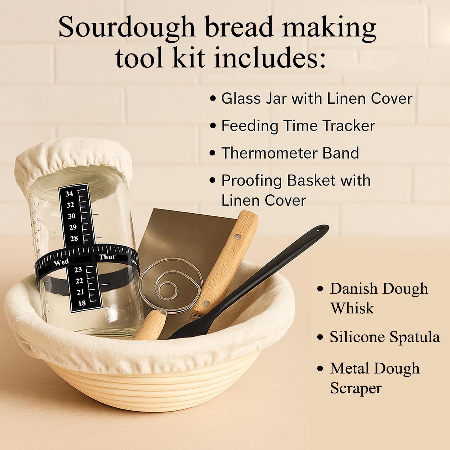 Sourdough Starter Kit All-in-one for Beginners - Jar with Temp Band, 9" Banneton Proofing Basket, Danish Whisk & Scraper