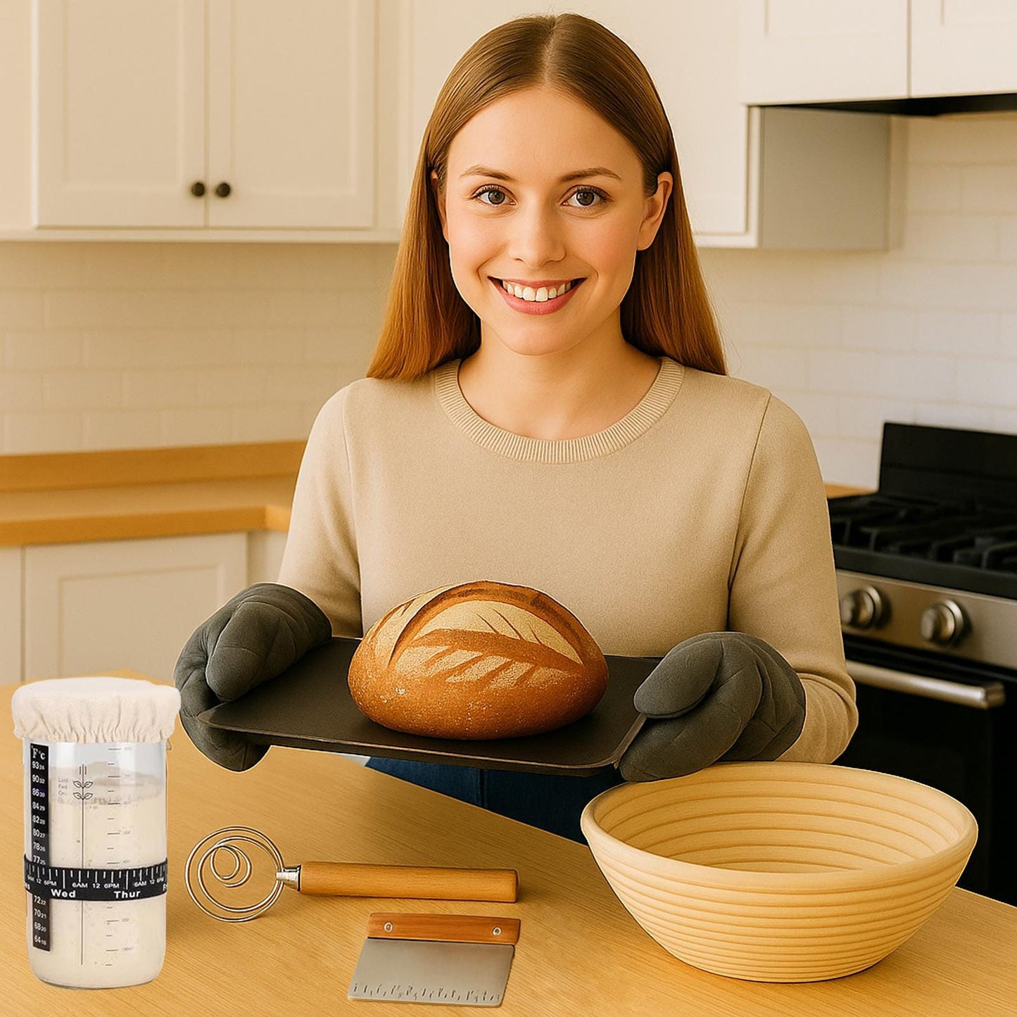 Sourdough Starter Kit All-in-one for Beginners - Jar with Temp Band, 9" Banneton Proofing Basket, Danish Whisk & Scraper