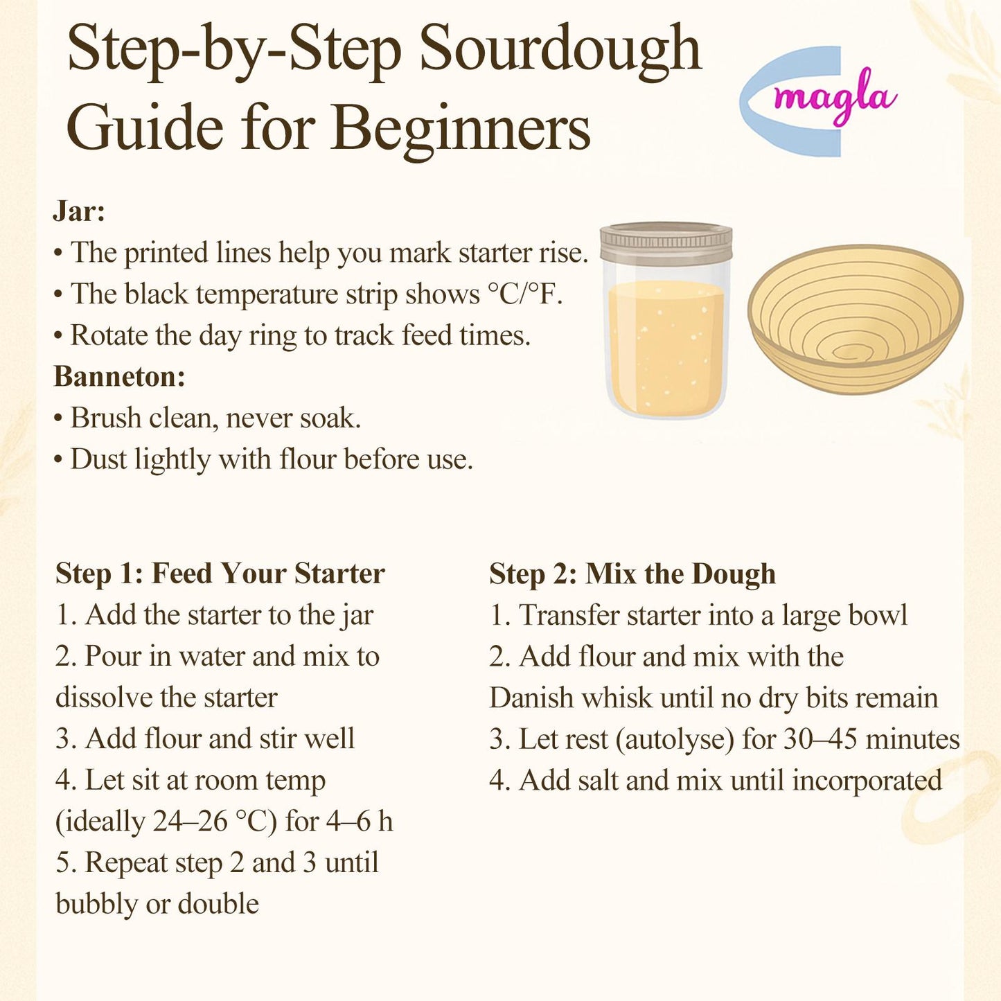 Sourdough Starter Kit All-in-one for Beginners - Jar with Temp Band, 9" Banneton Proofing Basket, Danish Whisk & Scraper