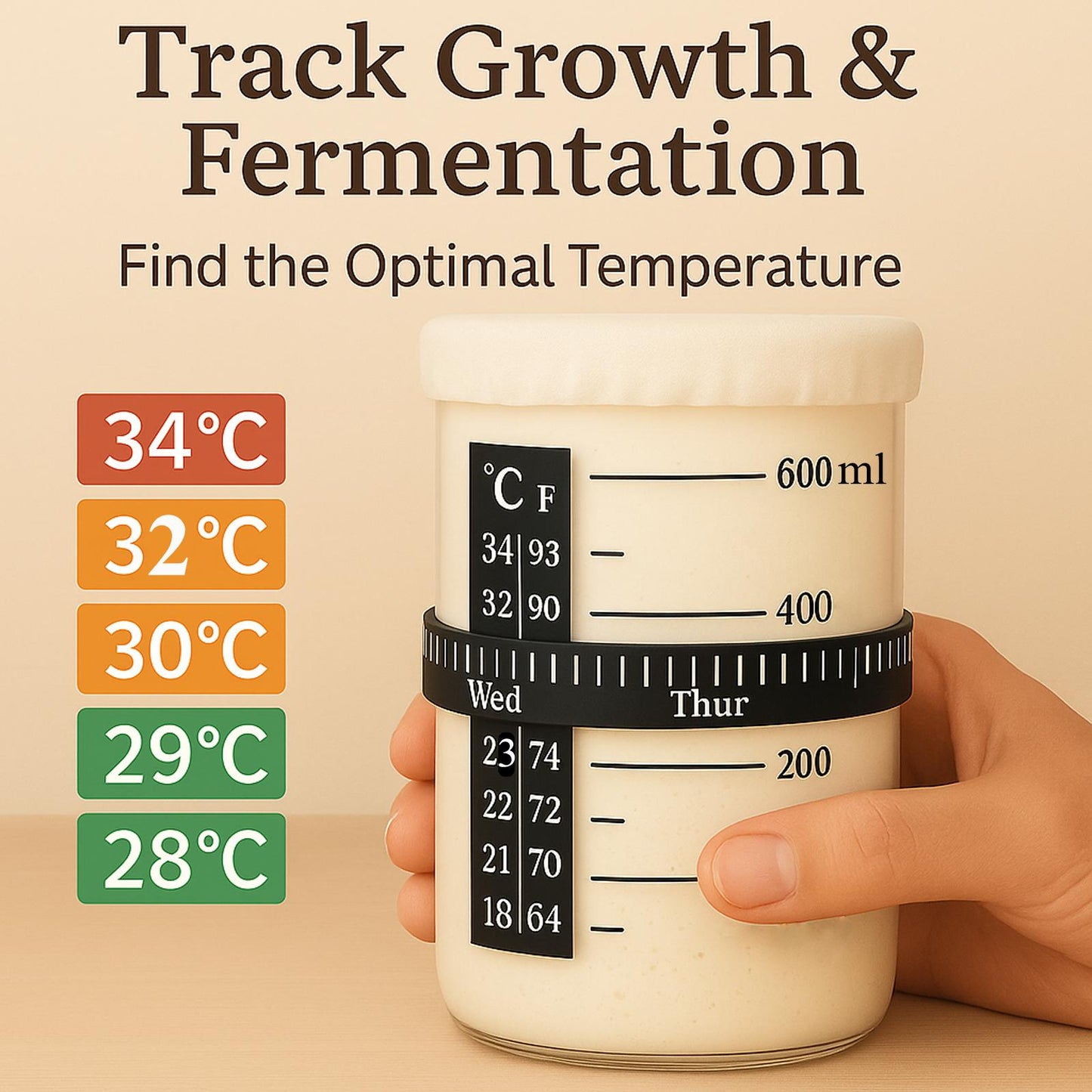 Sourdough Starter Kit All-in-one for Beginners - Jar with Temp Band, 9" Banneton Proofing Basket, Danish Whisk & Scraper