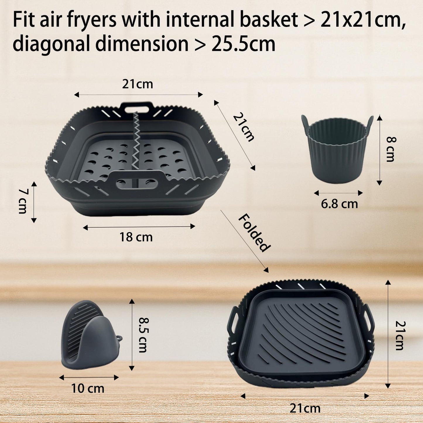 Magla Air Fryer Silicone Liner Set for Cosori 5.5L, 6.4L, Ninja Speedi 5.7L etc., including 4 Ramekins and 2 Mitts