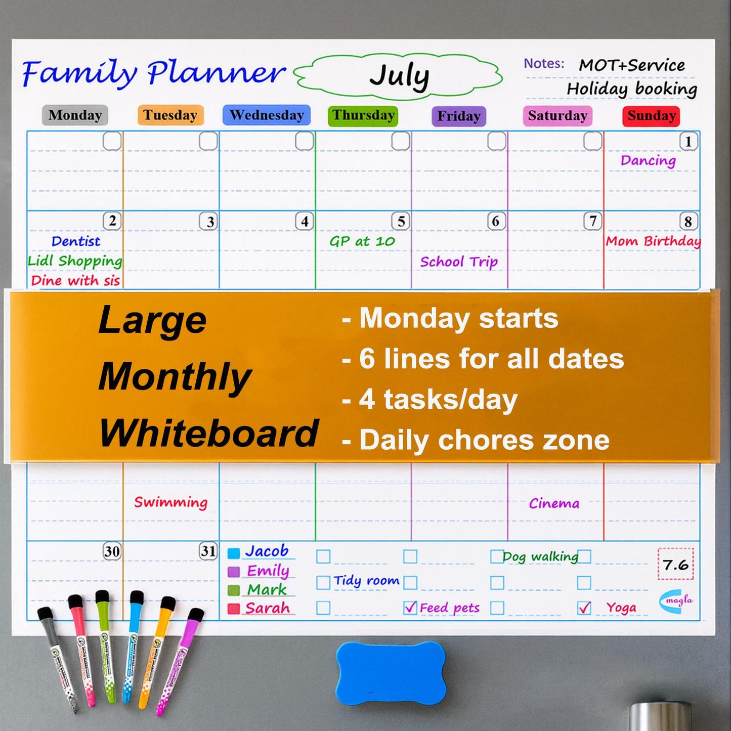 Magnetic Fridge Calendar: Large Monthly Whiteboard Set (50.5x42cm)