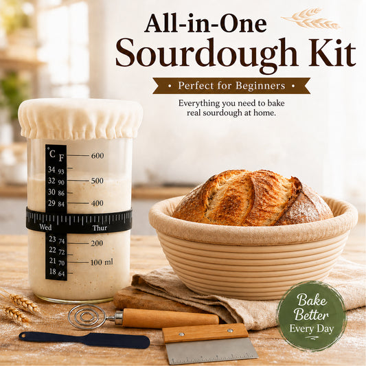 Sourdough Starter Kit All-in-one for Beginners - Jar with Temp Band, 9" Banneton Proofing Basket, Danish Whisk & Scraper