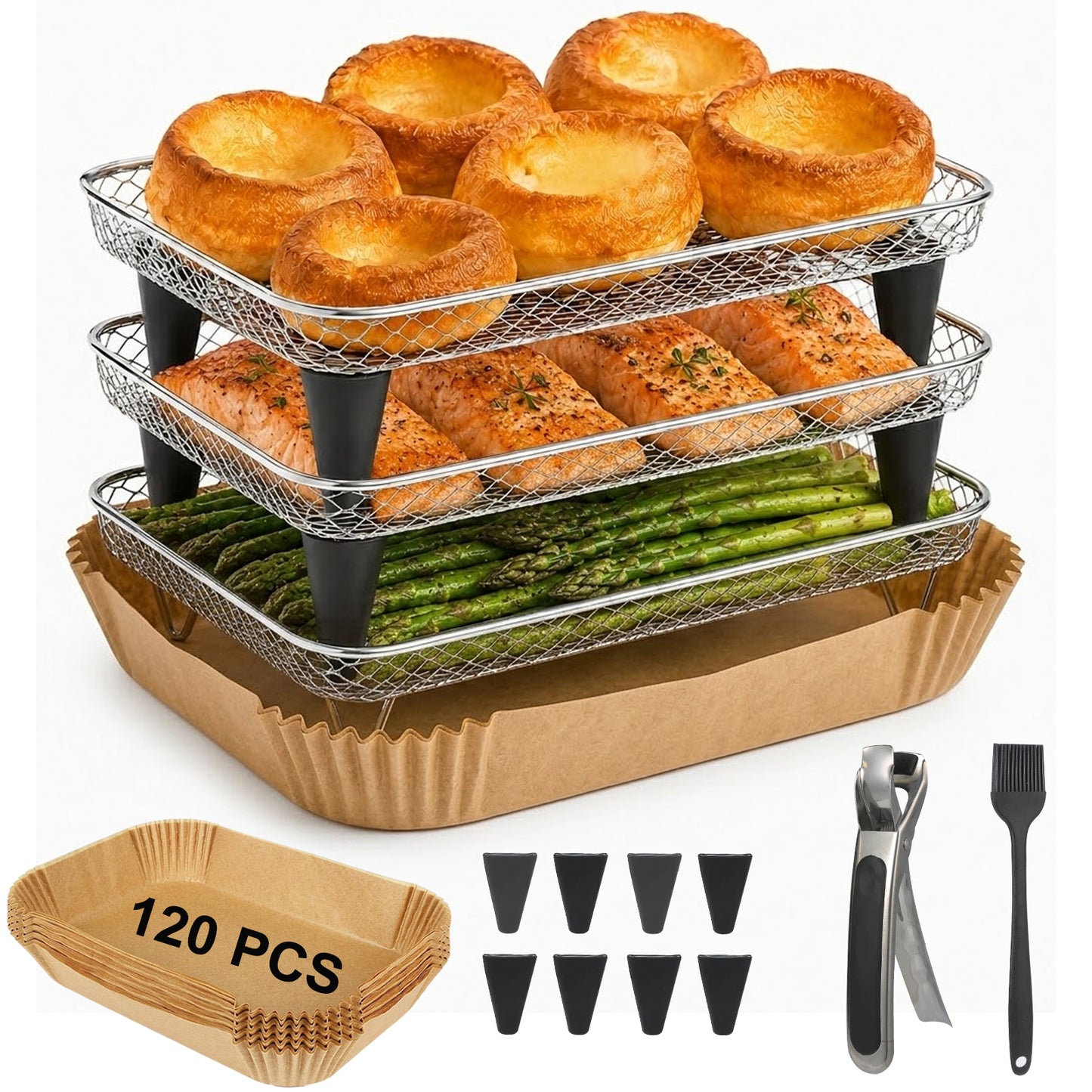 MAGLA Ultimate Ninja Air Fryer Accessories Bundle for Dual Drawer: 3-Tier Stackable Stainless Steel Rack & 120 PCS Rectangular Paper Liners, with Anti-Scalding Tong & Silicone Brush, Fits AF300UK etc.
