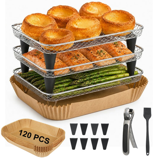 MAGLA Ultimate Ninja Air Fryer Accessories Bundle for Dual Drawer: 3-Tier Stackable Stainless Steel Rack & 120 PCS Rectangular Paper Liners, with Anti-Scalding Tong & Silicone Brush, Fits AF300UK etc.