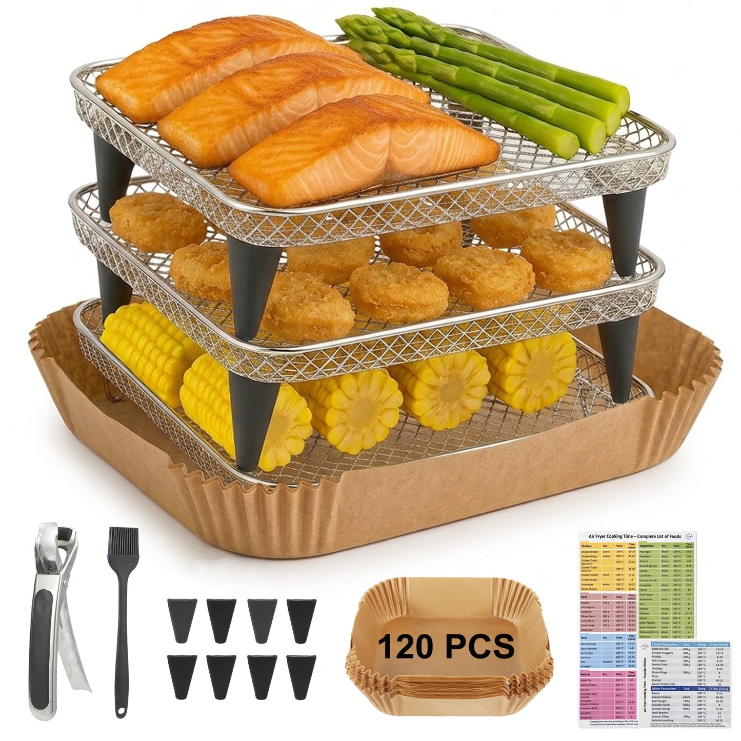 MAGLA Ultimate Air Fryer Accessories Bundle: 3-Tier Air Fryer Racks, 120pcs Disposable Paper Liners, Magnetic Cooking Time Cheat Sheet, Fit for Ninja Speedi 5.7L, Cosori 5.5L etc.