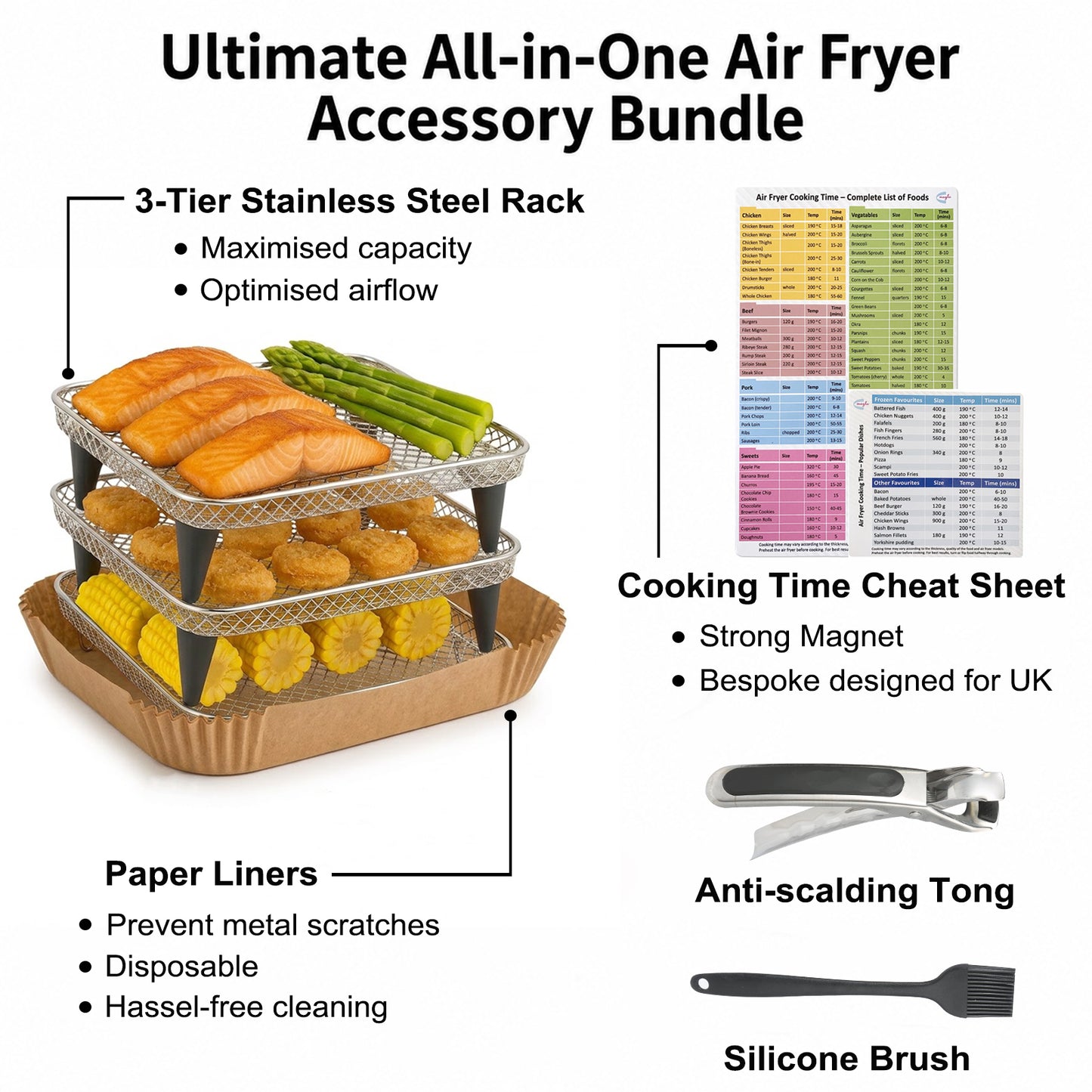 MAGLA Ultimate Air Fryer Accessories Bundle: 3-Tier Air Fryer Racks, 120pcs Disposable Paper Liners, Magnetic Cooking Time Cheat Sheet, Fit for Ninja Speedi 5.7L, Cosori 5.5L etc.