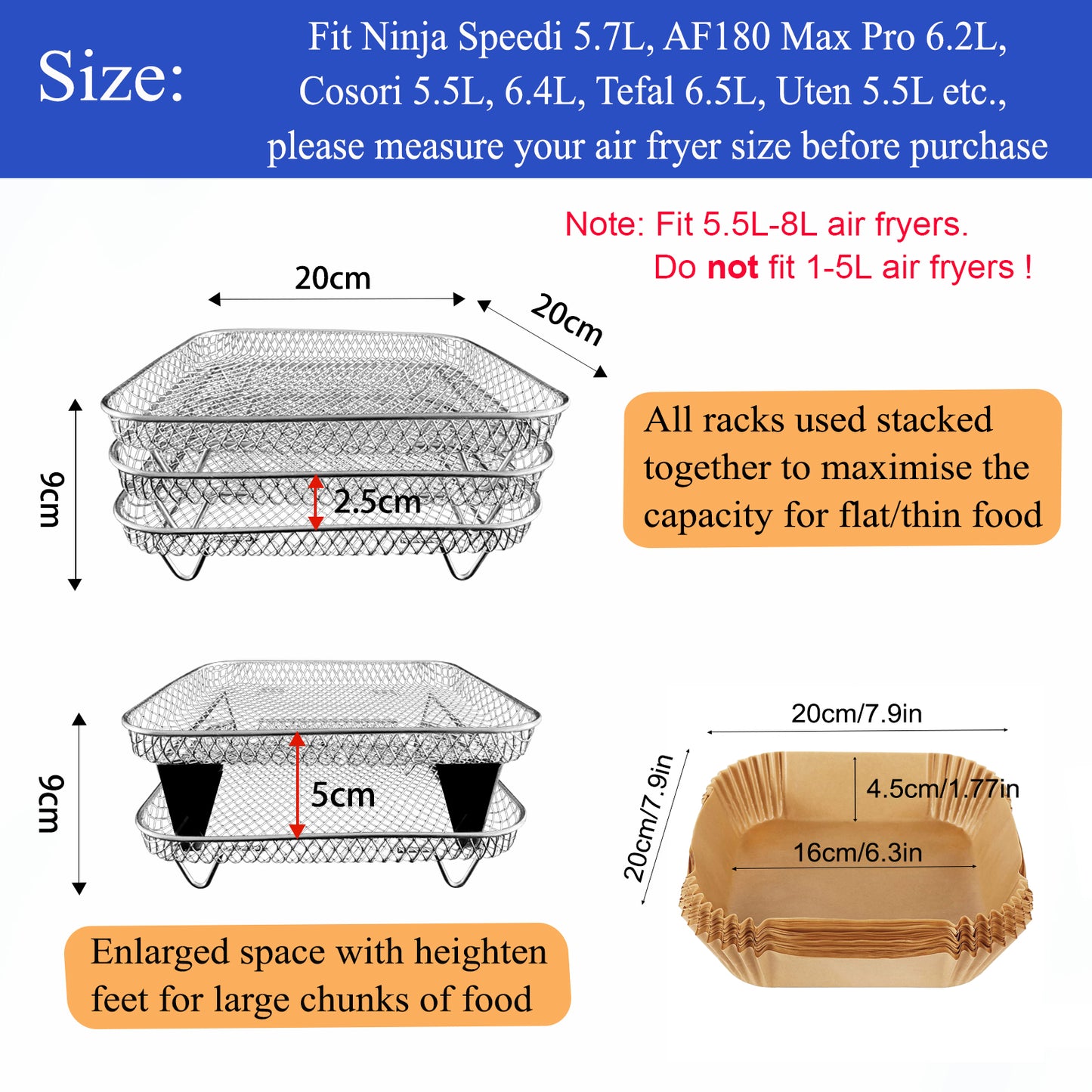 MAGLA Ultimate Air Fryer Accessories Bundle: 3-Tier Air Fryer Racks, 120pcs Disposable Paper Liners, Magnetic Cooking Time Cheat Sheet, Fit for Ninja Speedi 5.7L, Cosori 5.5L etc.