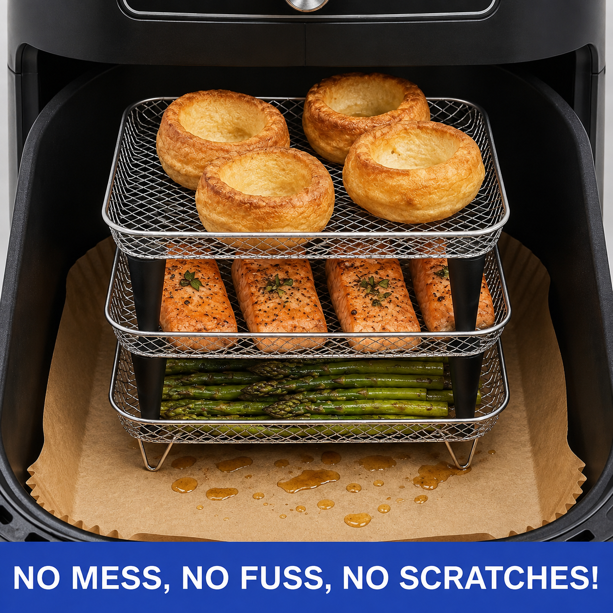 MAGLA Ultimate Air Fryer Accessories Bundle: 3-Tier Air Fryer Racks, 120pcs Disposable Paper Liners, Magnetic Cooking Time Cheat Sheet, Fit for Ninja Speedi 5.7L, Cosori 5.5L etc.