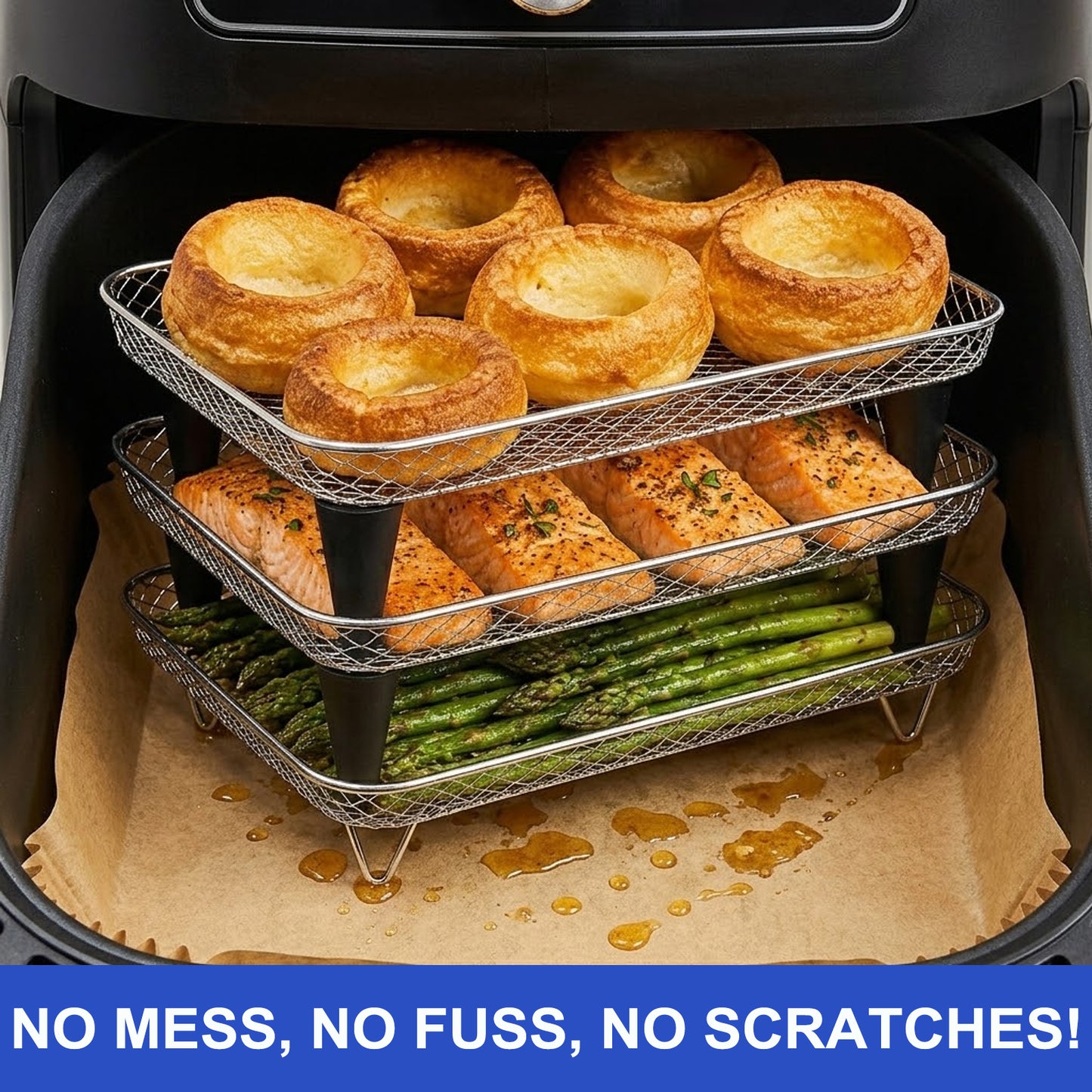 MAGLA Ultimate Ninja Air Fryer Accessories Bundle for Dual Drawer: 3-Tier Stackable Stainless Steel Rack & 120 PCS Rectangular Paper Liners, with Anti-Scalding Tong & Silicone Brush, Fits AF300UK etc.
